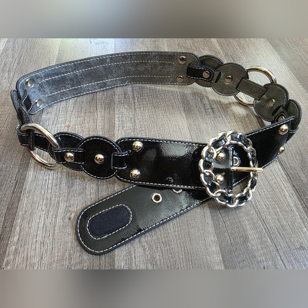 Kathy Van Zeeland Black Patent Leather Suedew Waist Belt M Cowboy Rodeo Boho Y2K